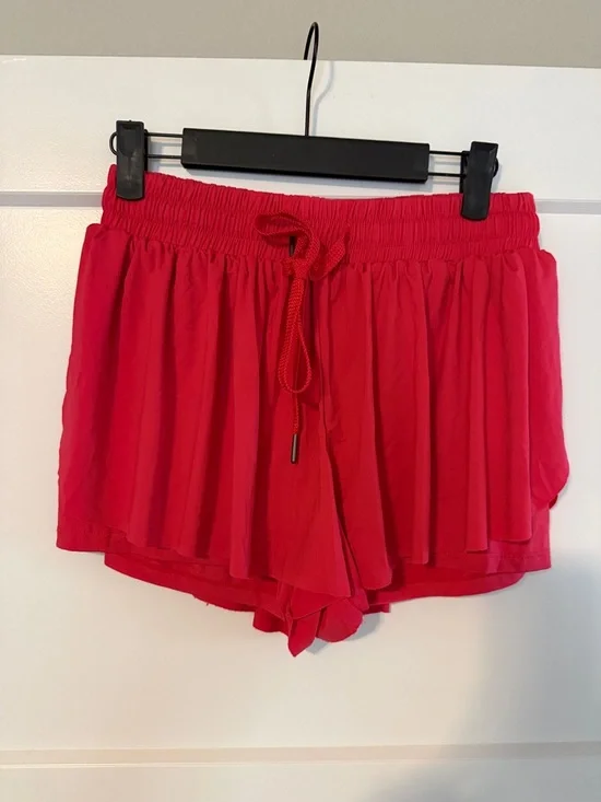 Red Women's Drawstring Ruffle Shorts - Picture 1 of 3